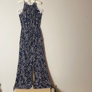 Tory Burch Navy and White Printed Halter Jumpsuit
